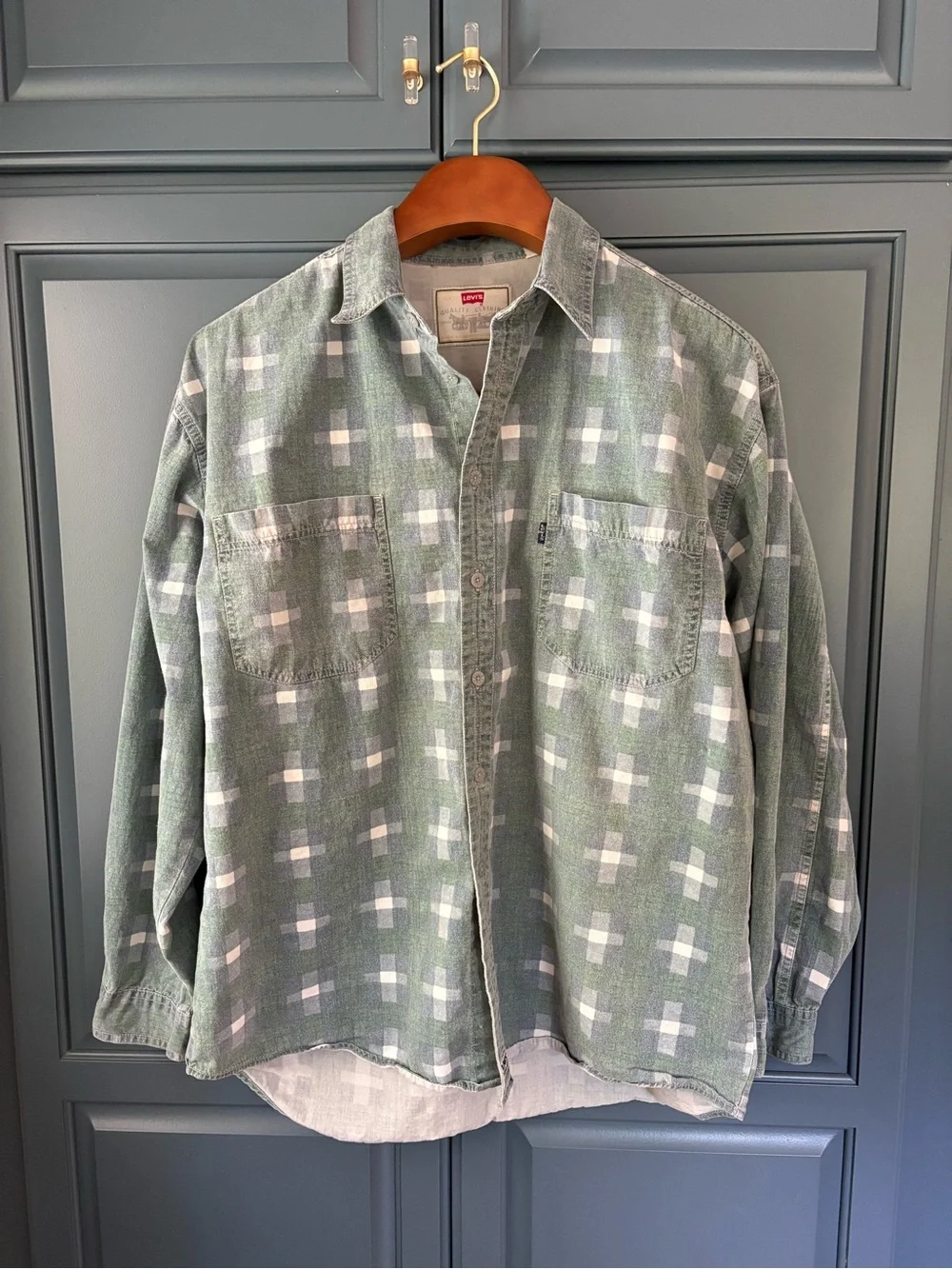 vintage Levi's button-down worker shirt distinctive green and white cris cross - Picture 2 of 13